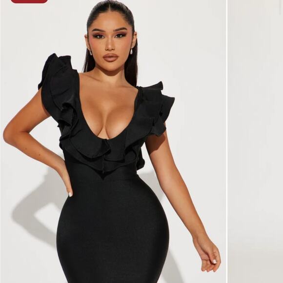Fashion Nova Black Ruffle Pixie Bandage Midi Dress Pink crepe - Picture 10 of 10